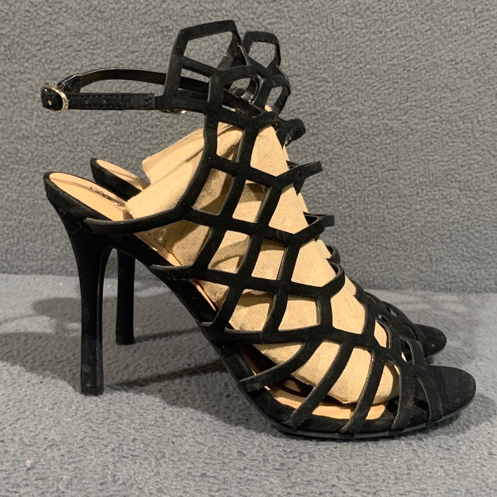 Mossimo Cage Heeled Stilettos Women Size 9 Black Faux Suede Strappy Sandals Goth